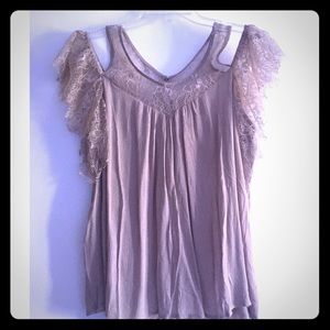 Tan lacy cold shoulder top